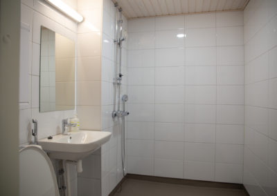 Kylpuhuone-wc, jossa wc-pönttö, lavuaari ja suihku.